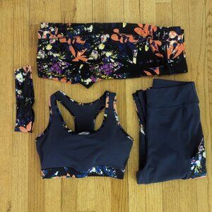 PopFit Navy/Coral Floral Leggings Bra Workout Set - Women's M